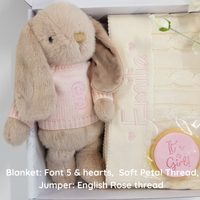 Personalised Caramel Bunny & Cream Cable Knit Blanket Baby Hamper
