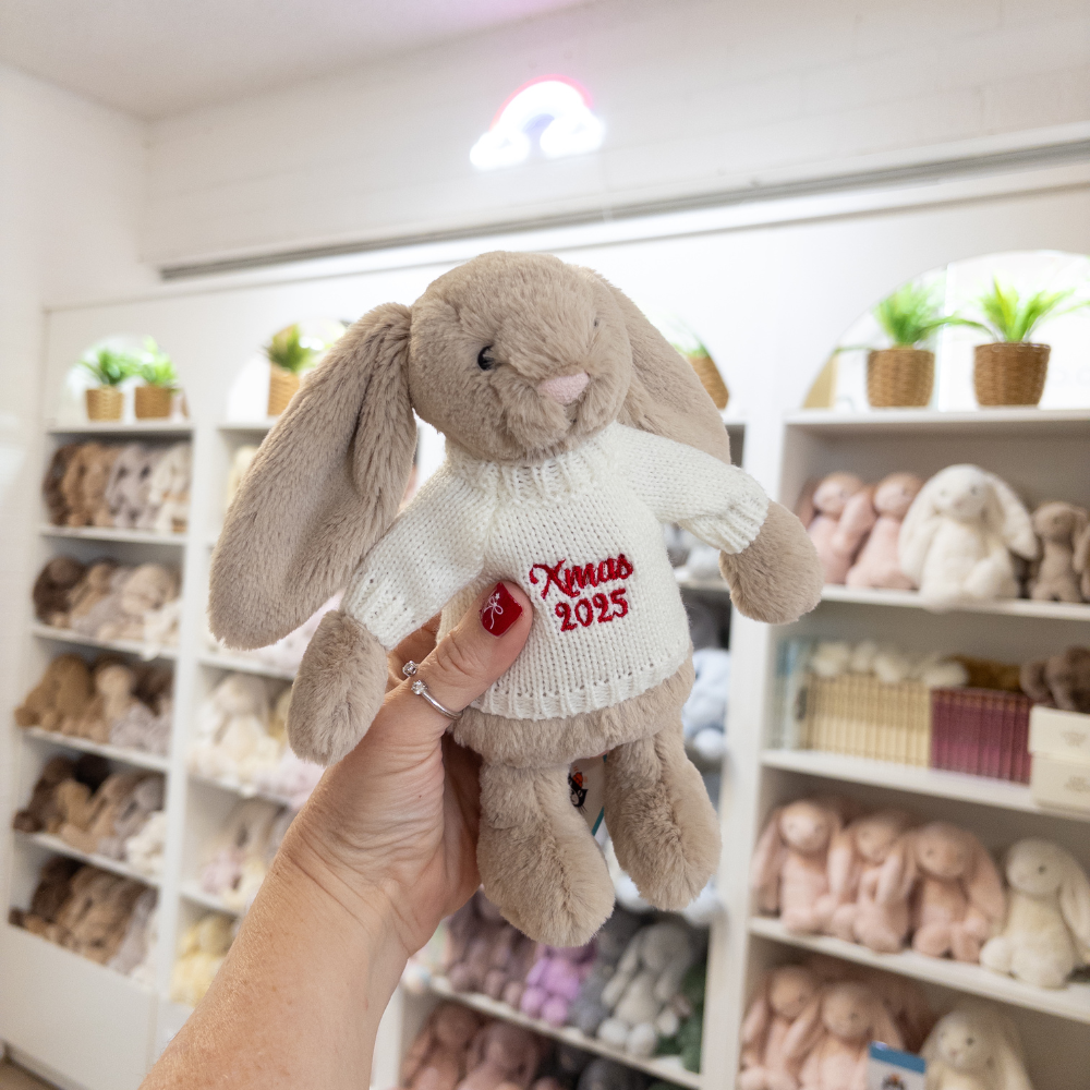 Jellycat SMALL Bashful Bunny Beige with Xmas 2025 Jumper