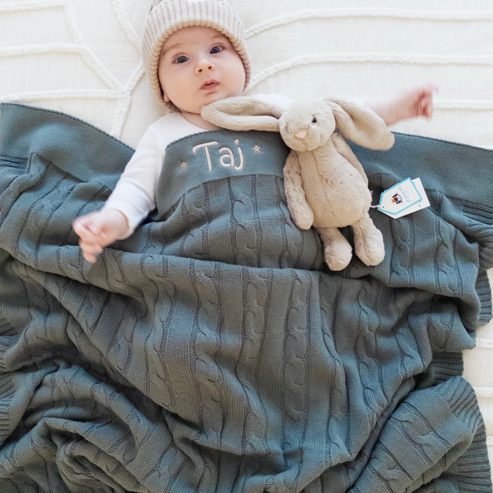 Personalised Cable Knit Baby Blanket - Forest