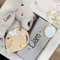 Personalised Grey Diamond Knit Blanket & Elephant Baby Hamper - Baby Boy