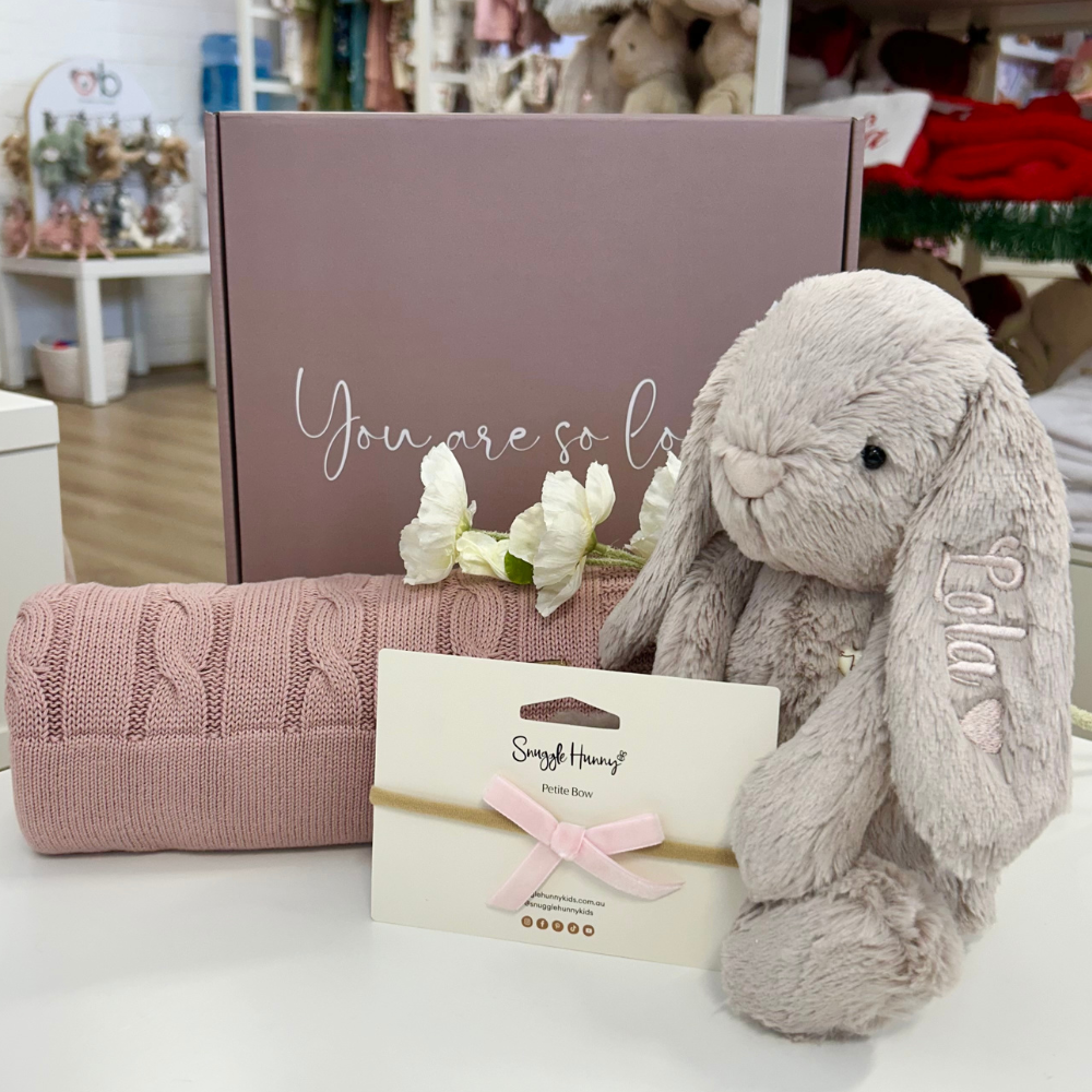 Personalised Beige Snuggle Bunny & Mauve Cable Knit Blanket Gift Set