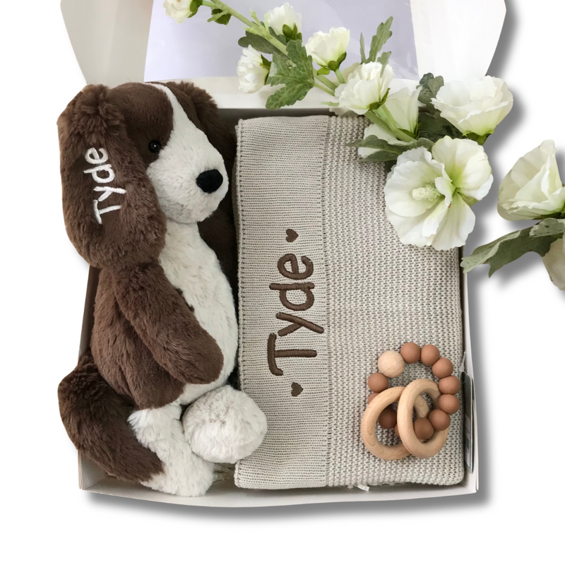 Personalised Jellycat Fudge Puppy and Stone Knit Baby Blanket Newborn Baby Gift Hamper