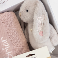 Personalised Beige Bunny & Rosewater Diamond Knit Blanket Baby Hamper