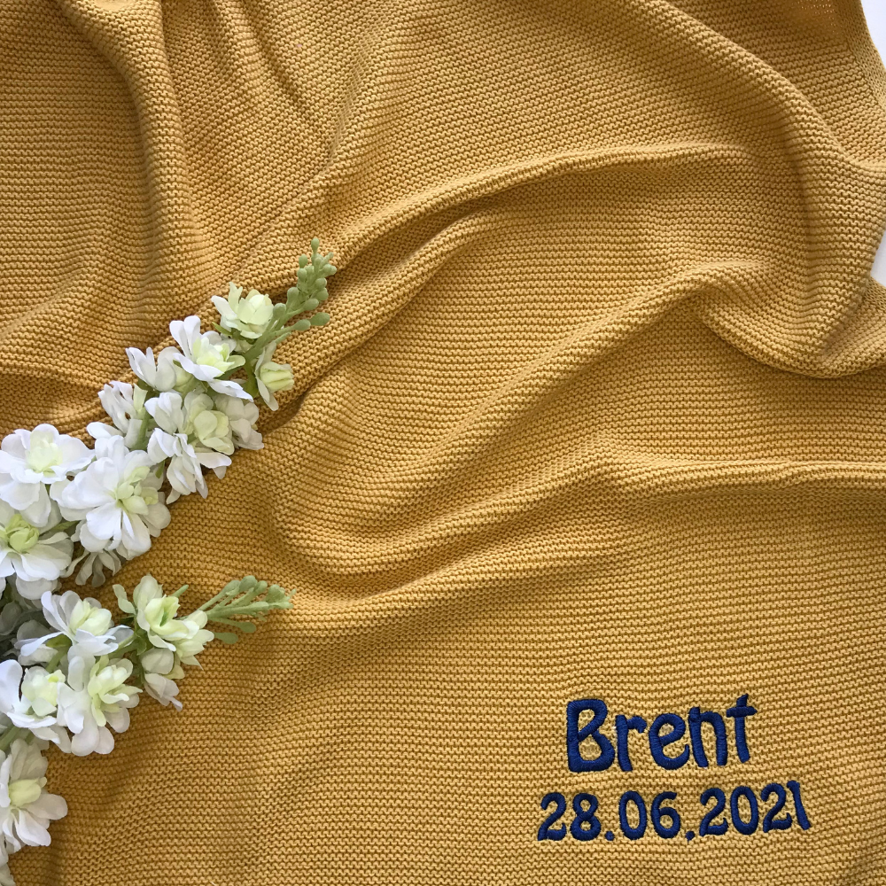Personalised 100% Cotton Knit Baby Blanket - Mustard Yellow