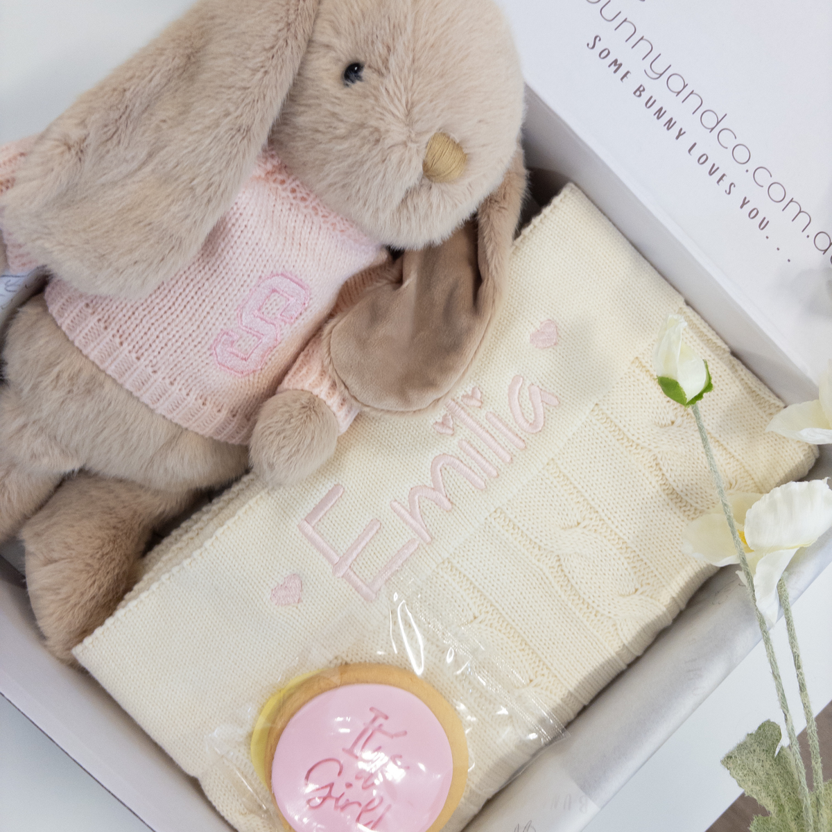 Personalised Caramel Bunny & Cream Cable Knit Blanket Baby Hamper