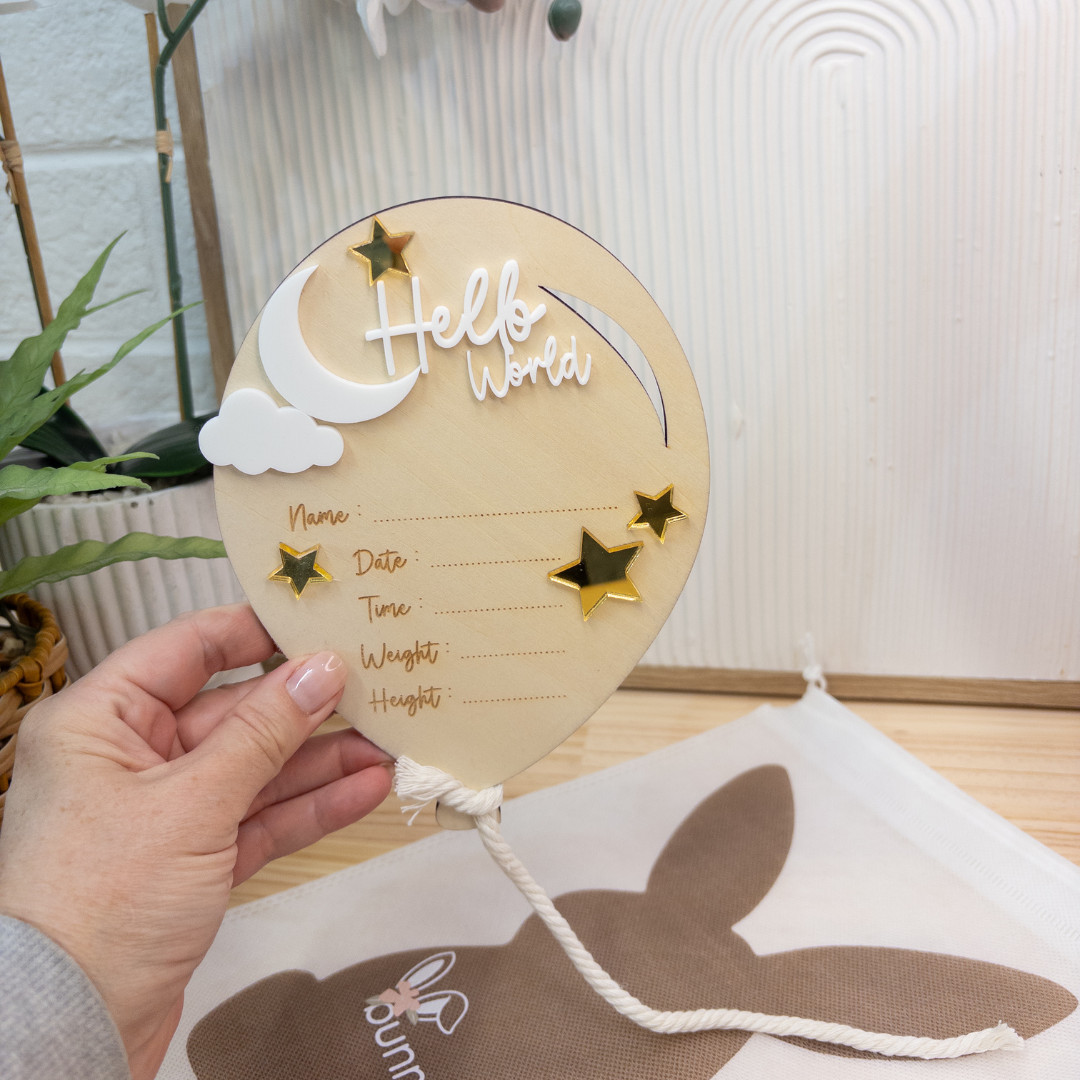 Birth Announcement Plaque - Hello World Balloon