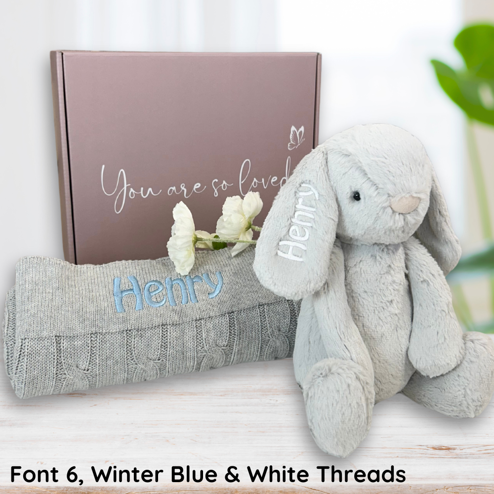 Personalised Moonbeam Snuggle Bunny & Grey Cable Knit Blanket