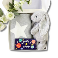 Personalised Shimmer Jellycat Bunny & Grey Star Blanket Gift Hamper