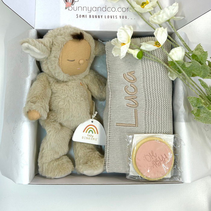 Personalised Stone Knit Blanket & Cozy Dinkum Gift Hamper - Lamby Pip