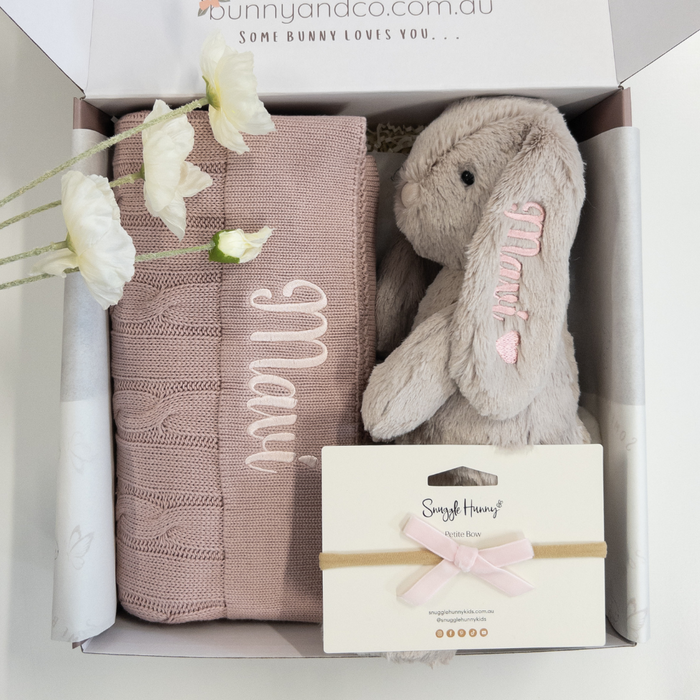 Personalised Beige Snuggle Bunny & Mauve Cable Knit Blanket Gift Set