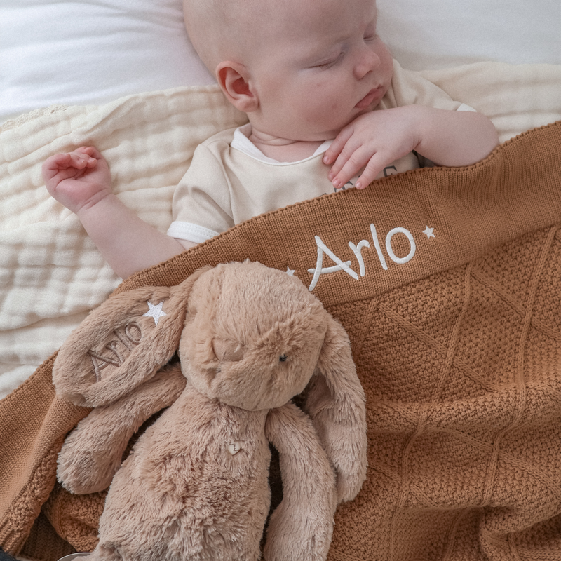 Personalised Diamond Knit Blanket & Bunny Hamper - Caramel