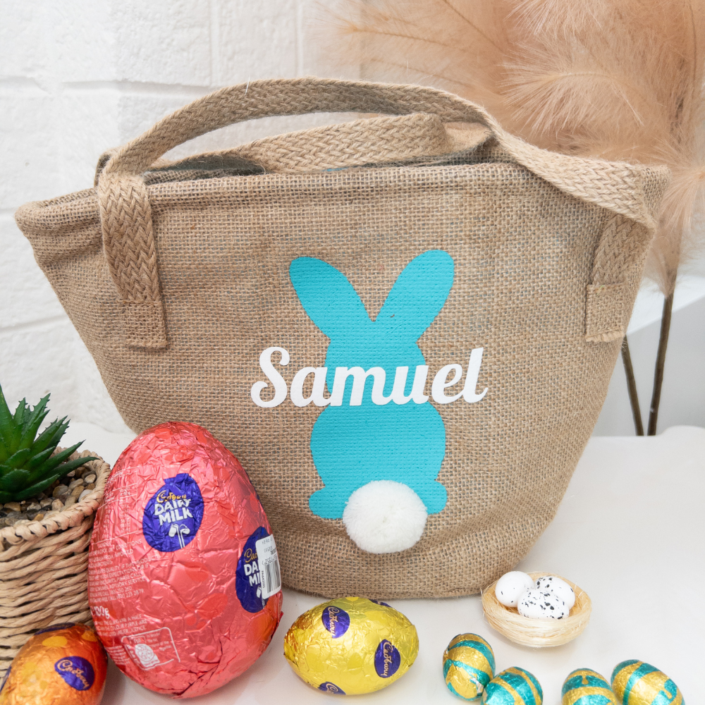 Personalised Easter Basket - Jute with Blue Bunny