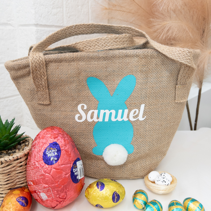 Personalised Easter Basket - Jute with Blue Bunny