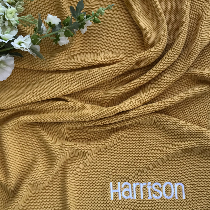 Personalised 100% Cotton Knit Baby Blanket - Mustard Yellow