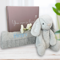 Personalised Moonbeam Snuggle Bunny & Grey Cable Knit Blanket