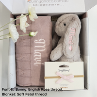 Personalised Beige Snuggle Bunny & Mauve Cable Knit Blanket Gift Set