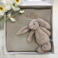 Personalised Stone Blanket & Small Jellycat Bunny Gift Hamper