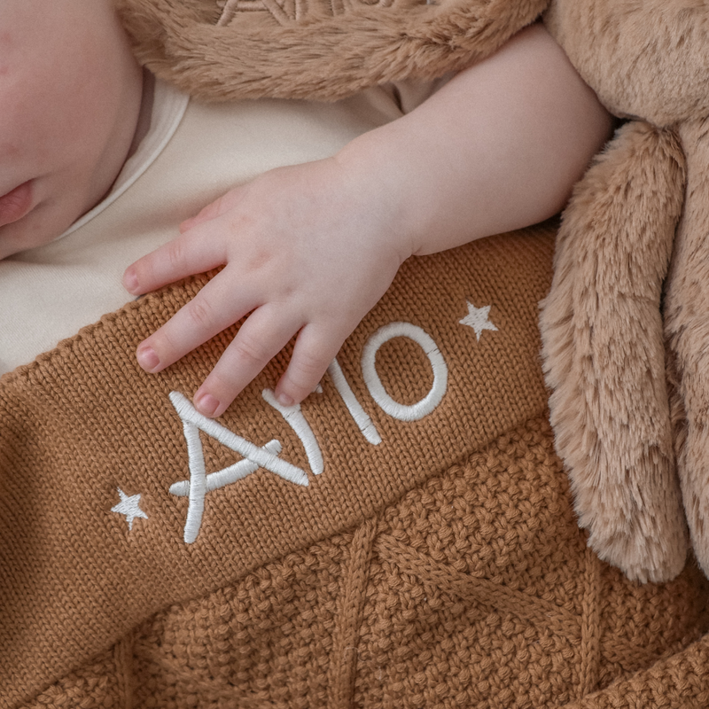 Personalised Diamond Knit Blanket & Bunny Hamper - Caramel