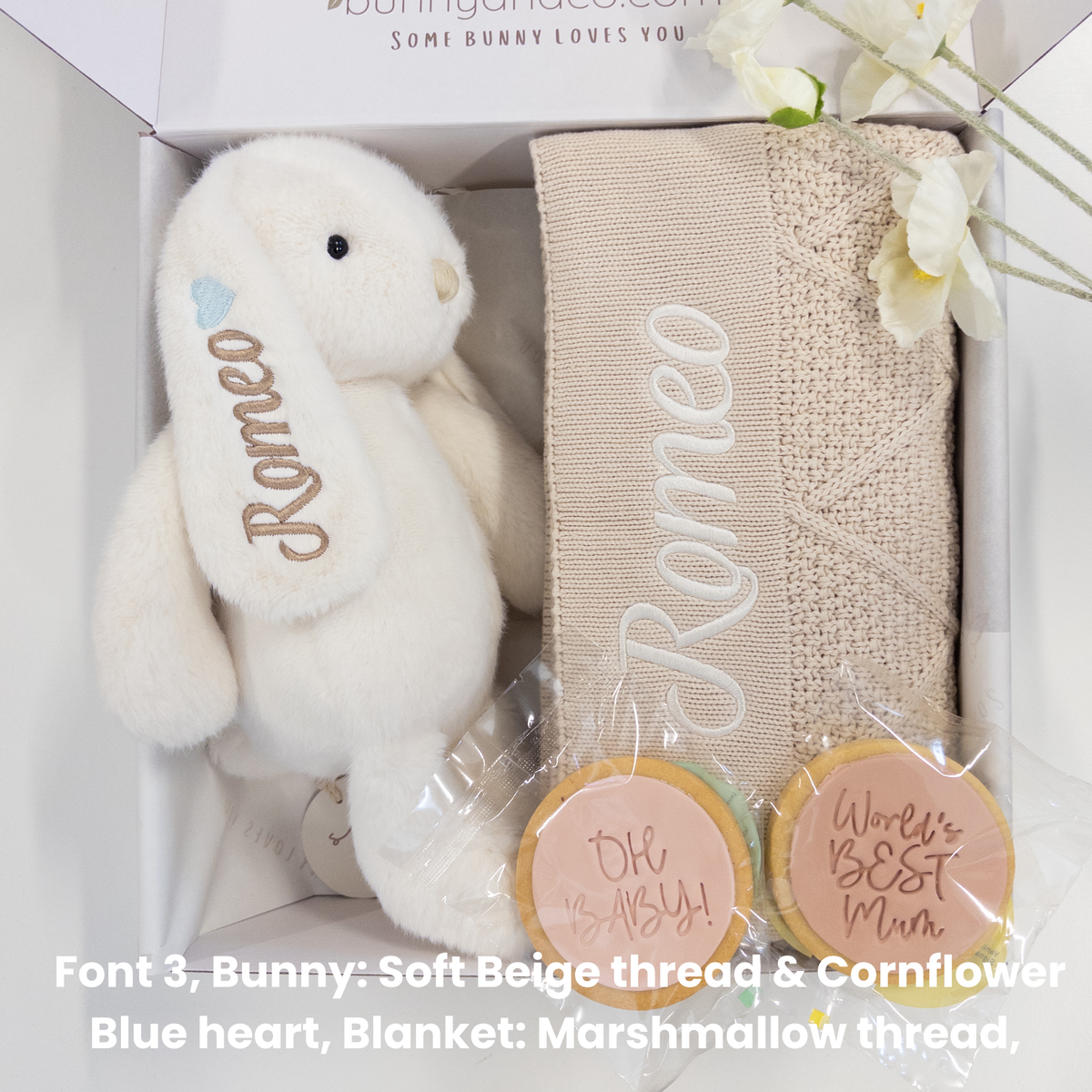 SAME-DAY Marshmallow Bunny & Oatmeal Diamond Knit Blanket Baby Hamper