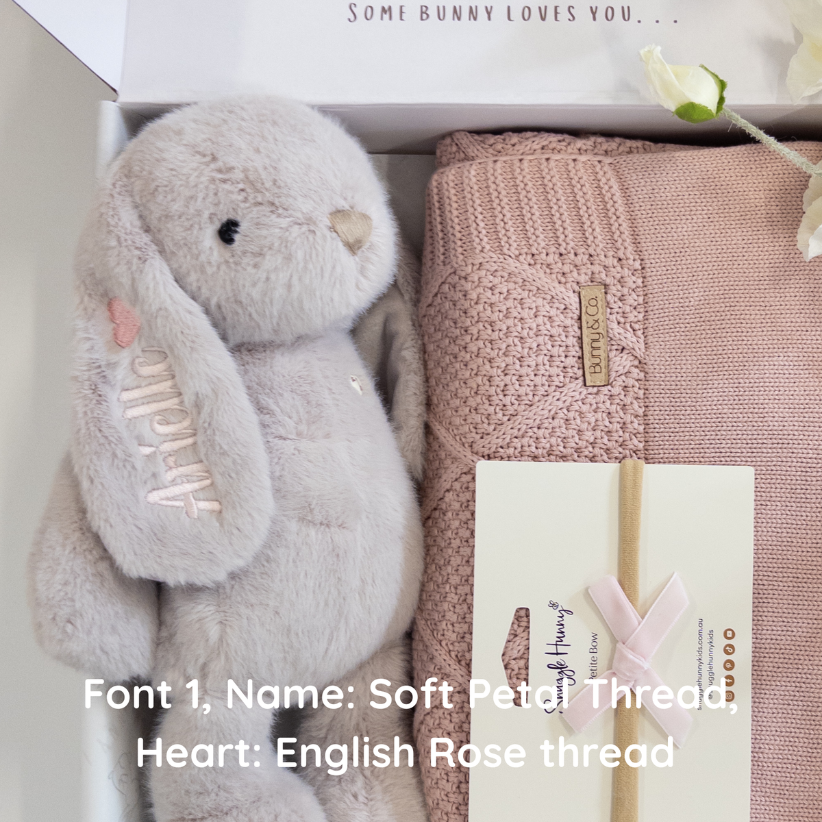 Personalised Beige Bunny & Rosewater Diamond Knit Blanket Baby Hamper