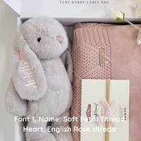 Personalised Beige Bunny & Rosewater Diamond Knit Blanket Baby Hamper