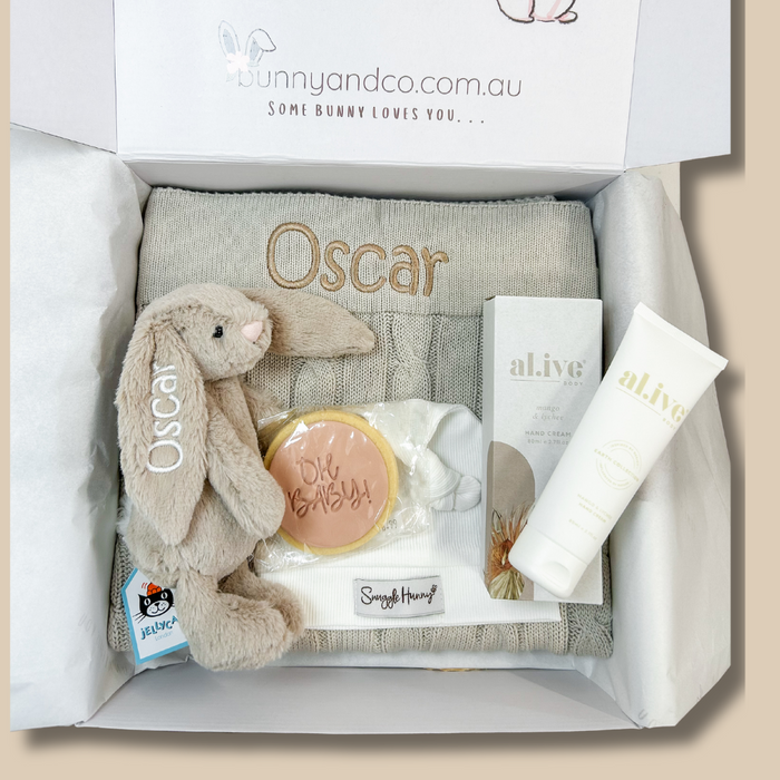 Personalised Beige Jellycat Bunny & Stone Cable Knit Gift Hamper