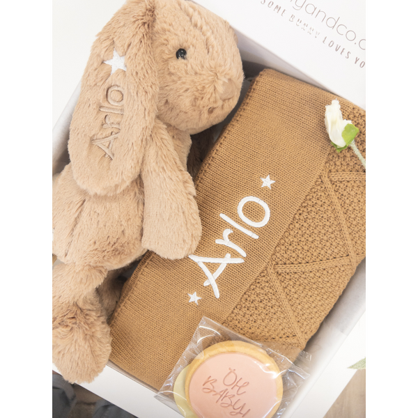 Personalised Diamond Knit Blanket & Bunny Hamper - Caramel