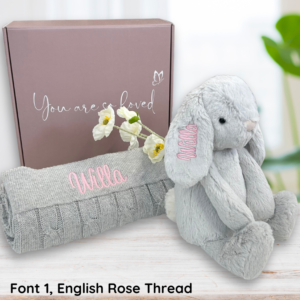 Personalised Moonbeam Snuggle Bunny & Grey Cable Knit Blanket