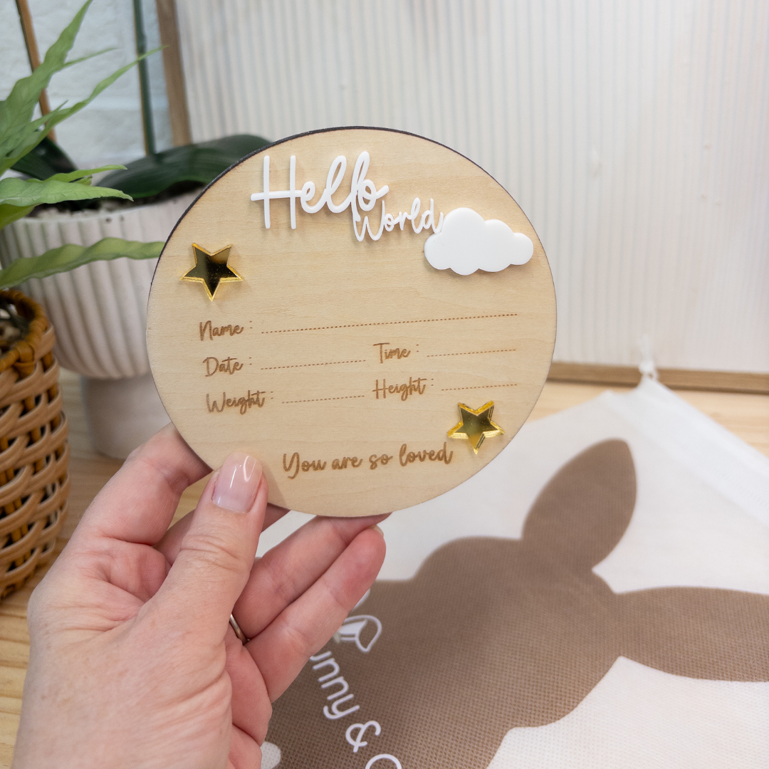 Birth Announcement Plaque - Hello World Round (12cm)