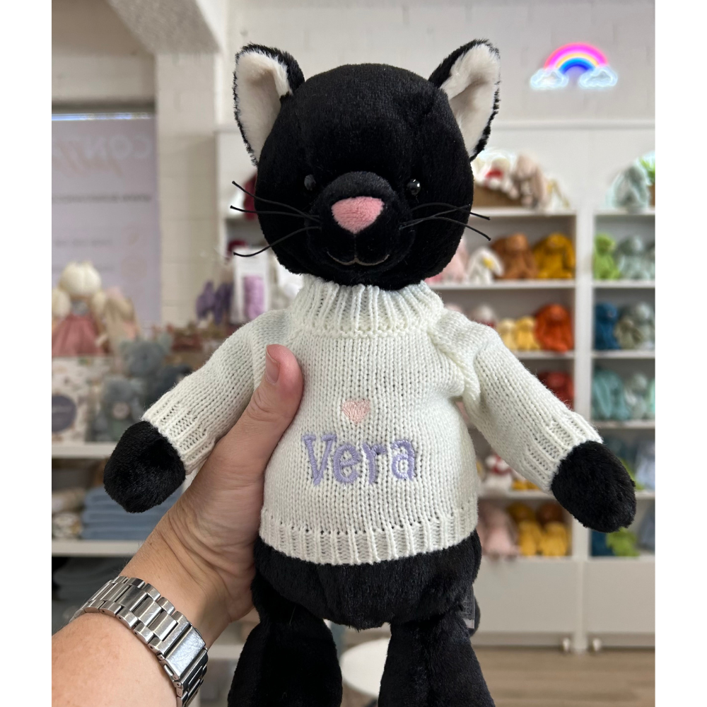 Black Jellycat Kitten Cat with perosnalised jumper knit