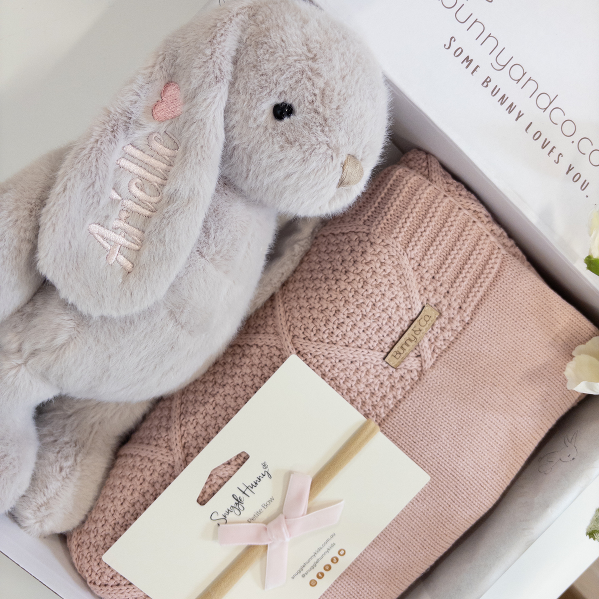 Personalised Beige Bunny & Rosewater Diamond Knit Blanket Baby Hamper
