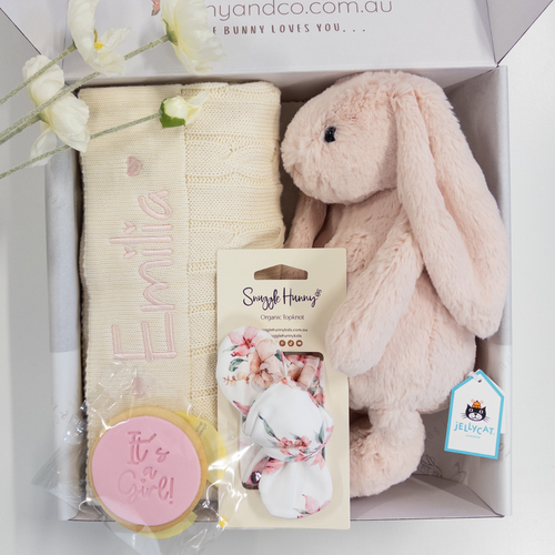 Infant Gift set with personalised custom name baby blanket, Jellycat Bashful Bunny in blush pink toy, and bow, featuring 'Snuggle Hunny' branding.