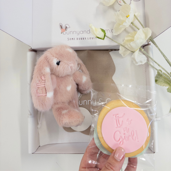 Personalised pink plush bunny toy and Its a Girl cookie in branded 'bunnyandco' bag and new baby gift box