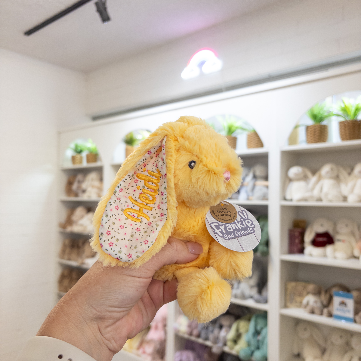 Rainbow bunny wall and hand holding Korimco Tiny Blossom Personalised bunny teddy Australia - Yellow | bunny & Co