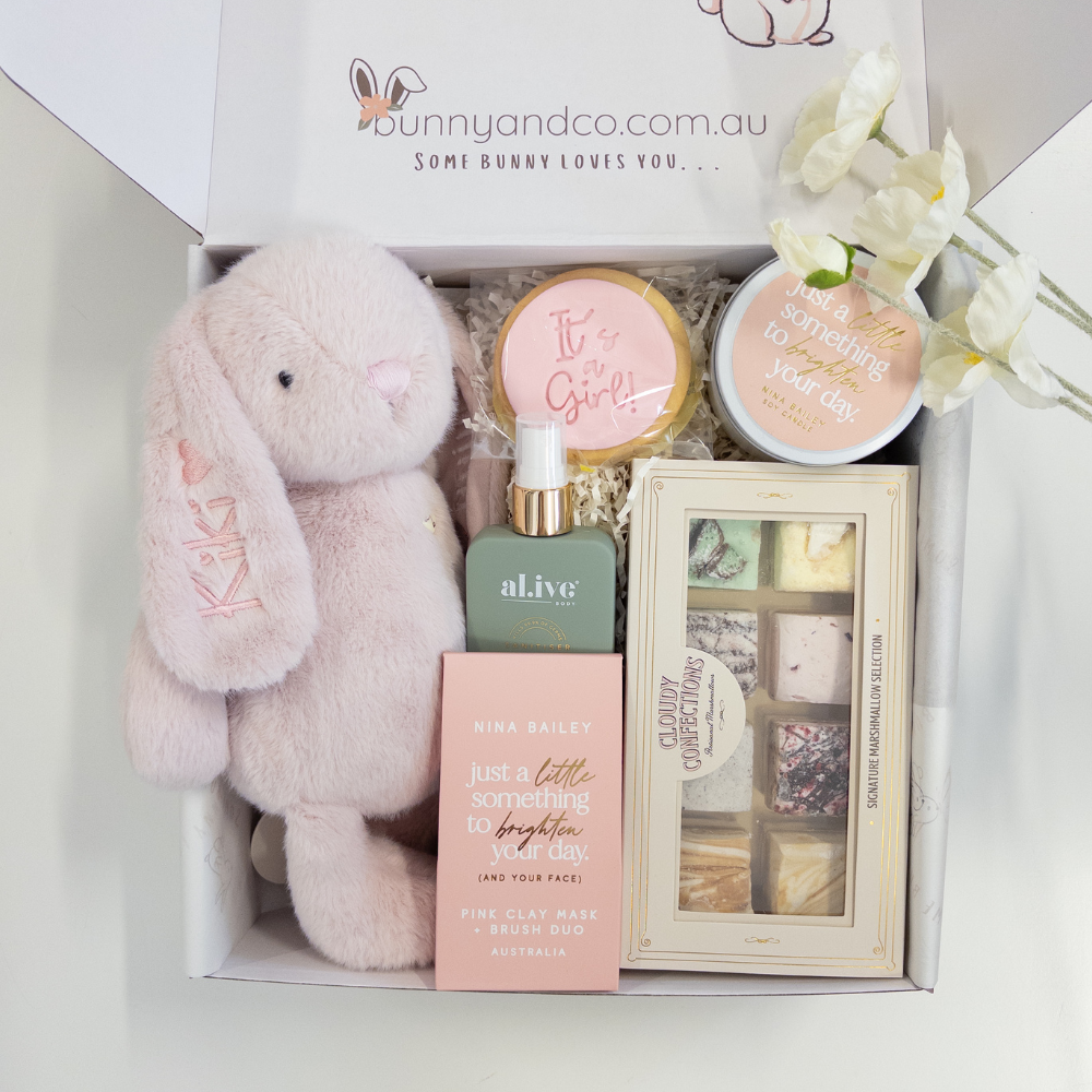 Gift set with personalised plush Snuggle Bunnies  Bunny in blossom pink for baby girl, candles, and treats for Mum