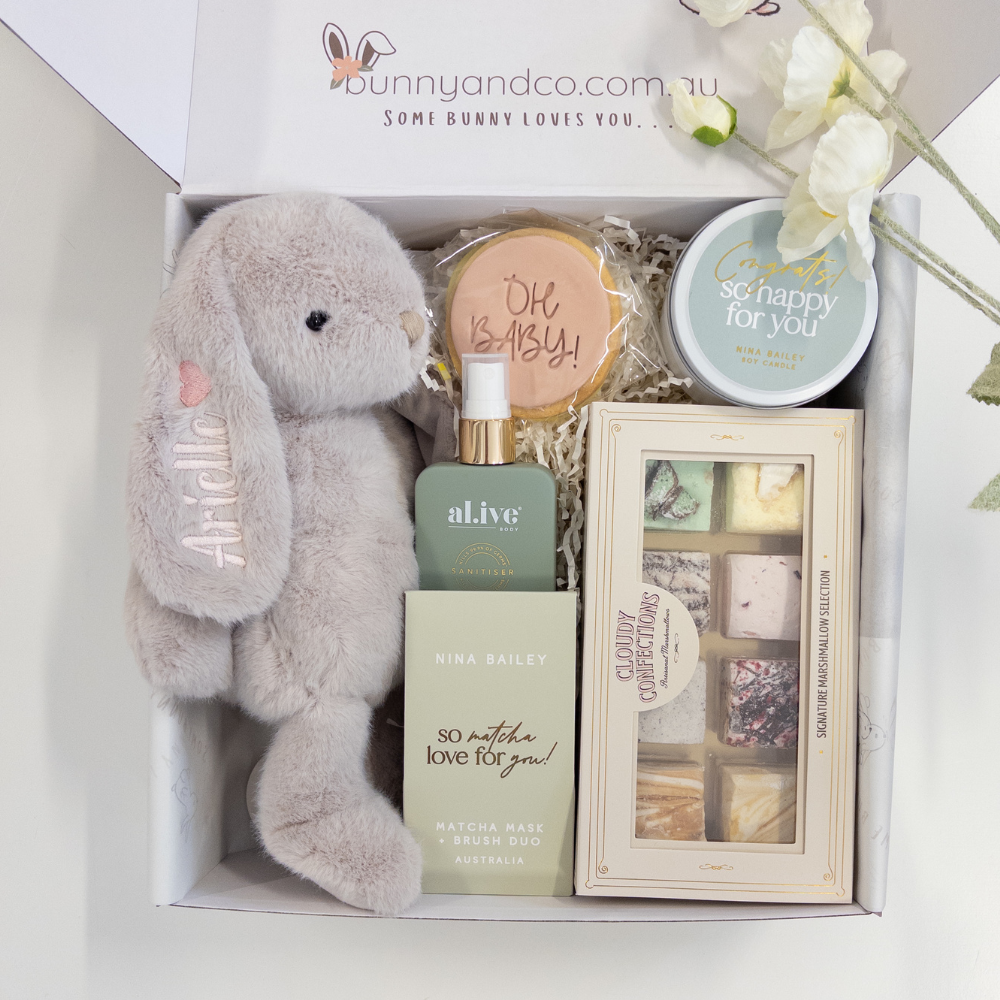 Gift set for new mum and baby with personalised plush bunny, and gifts treats for mum