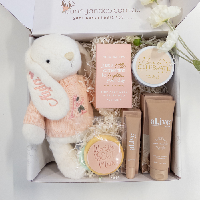 Newborn baby Gift set with personalised plush bunny, skincare products and treats for new mum.