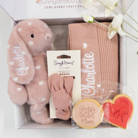 Gift set with personalised pink snuggle bunnies bunny, perosnalised baby blanket, Snuggle Hunny Kids bow, and cookies in a box