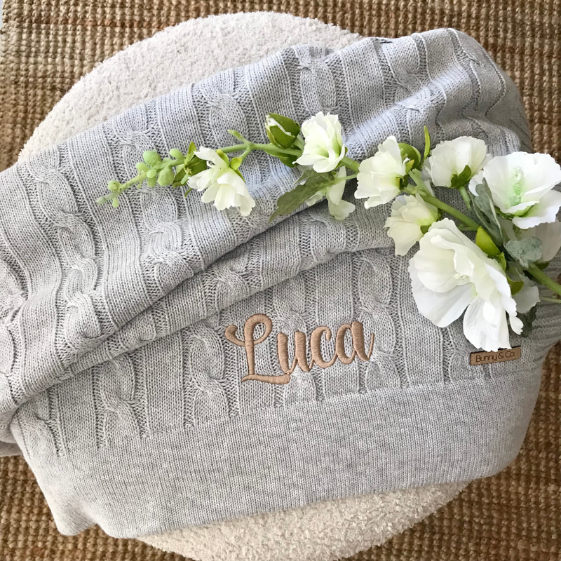 Personalised knit baby blanket Australia grey cable knit
