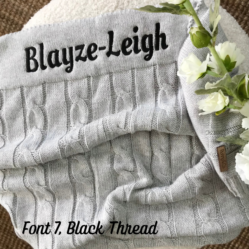 Personalised knit baby blanket Australia grey cable knit