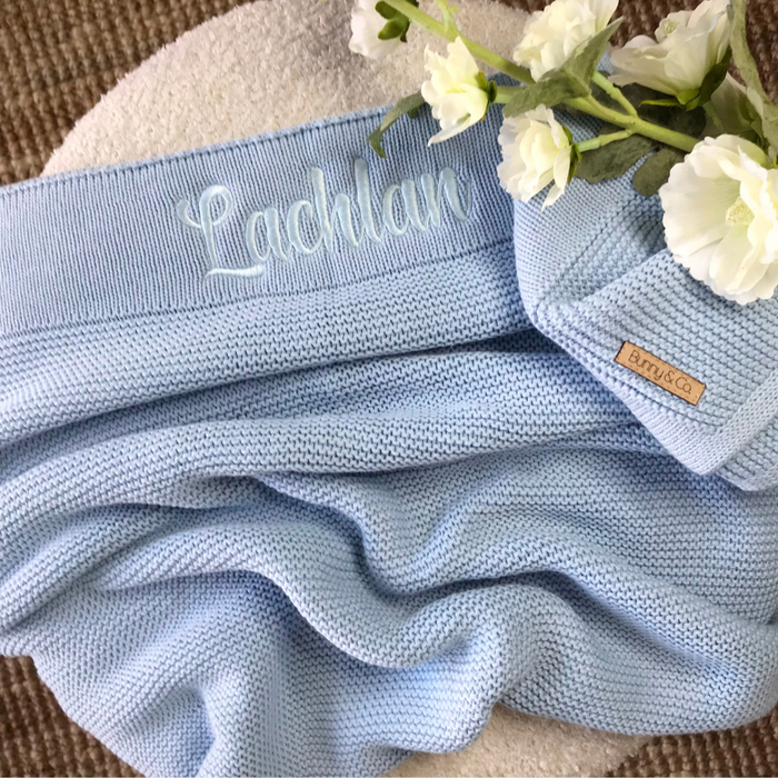 Personalised 100% Cotton Knit Baby Blanket - Powder Blue