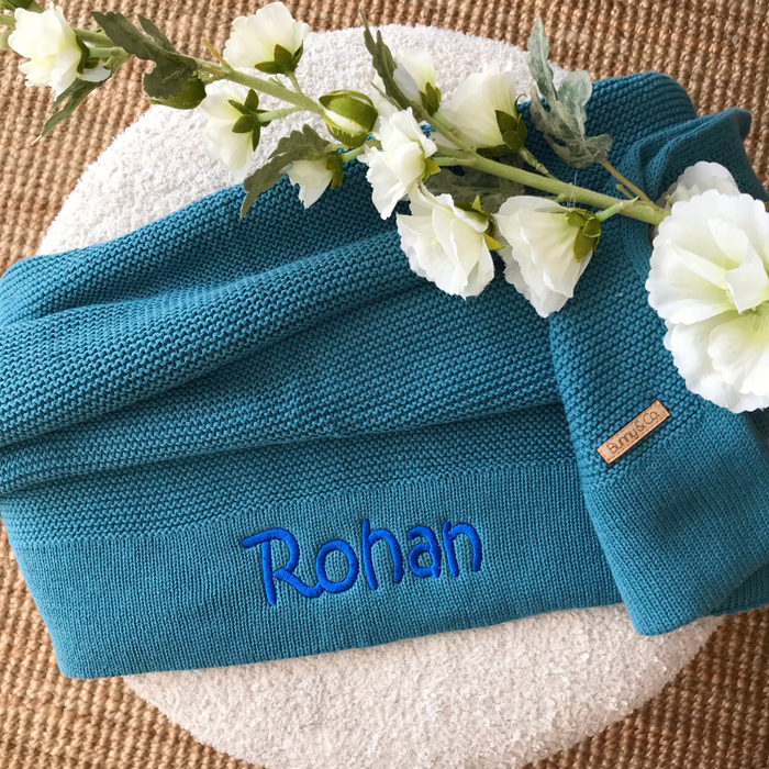 Personalised 100% Cotton Knit Baby Blanket - Teal Blue