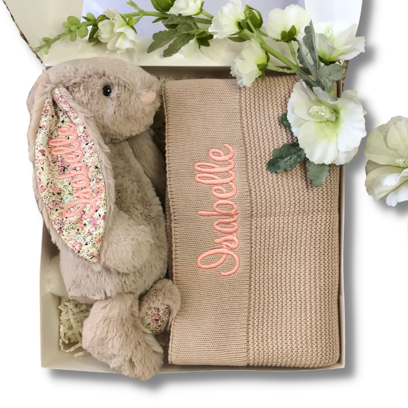 Personalised Bea Beige Blossom Jellycat Bunny & Light Beige Blanket Gift Set