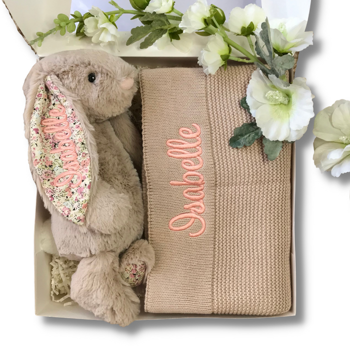 Personalised Bea Beige Blossom Jellycat Bunny & Light Beige Blanket Gift Set