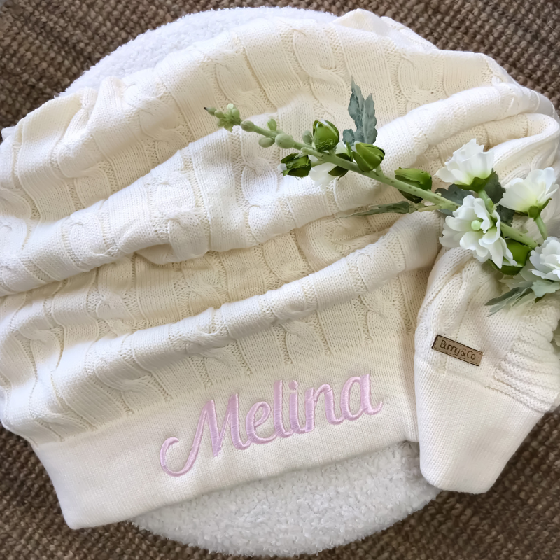 Personalised Cable Knit baby blanket australia cream white