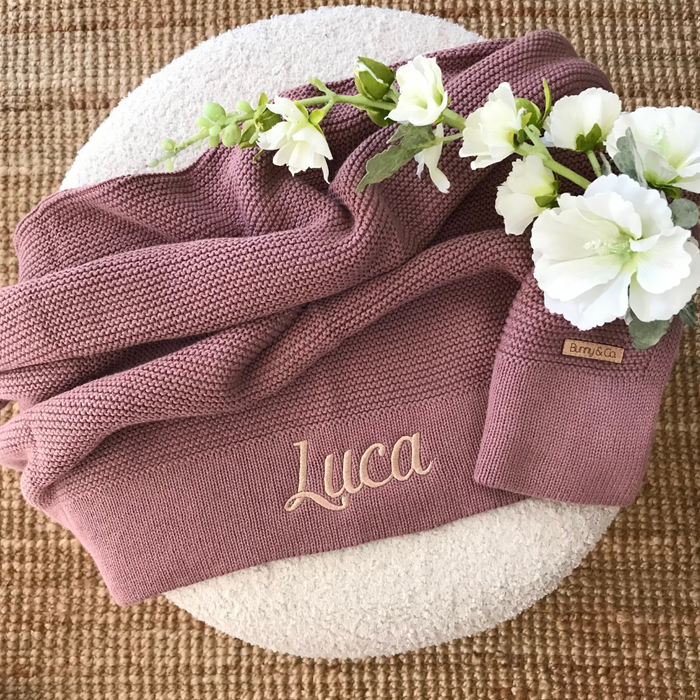 Personalised knit baby blanket plum mauve