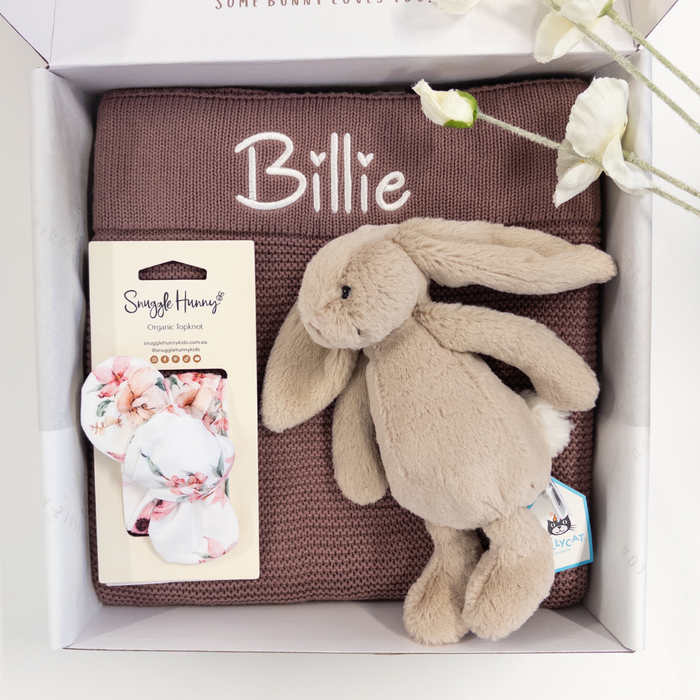 Gift set with plush Jellycat bunny toy and personalised baby blanket in a box, featuring the name 'Billie'.
