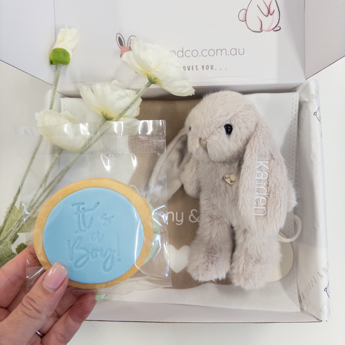 Plush toy rabbit and cookie with 'It's a Boy' message in a gift box.