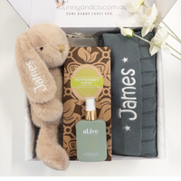 Gift set with personalised baby blanket and bunny and gift for Mum with, al.ive skincare hand sanitiser and Whistler chocolate peppermint bark