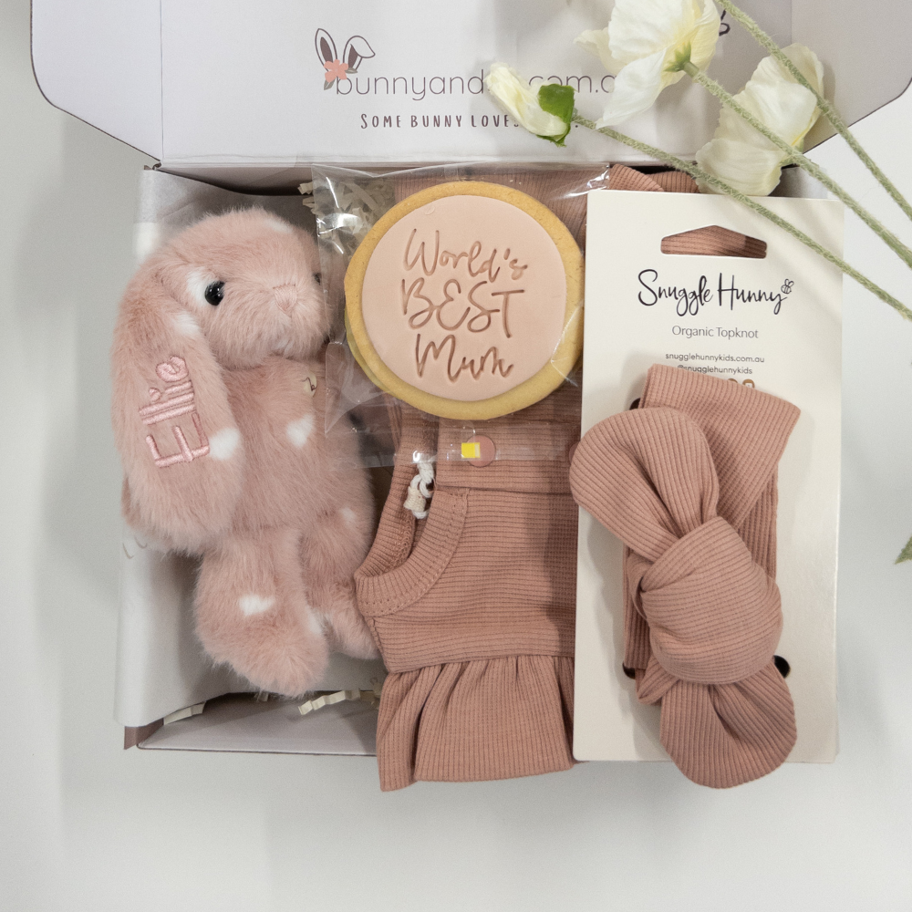 Baby Girl gift set with personalised plush toy, Snuggle Hunny baby outfit, and hair bow in a box with 'bunnyandco' branding.